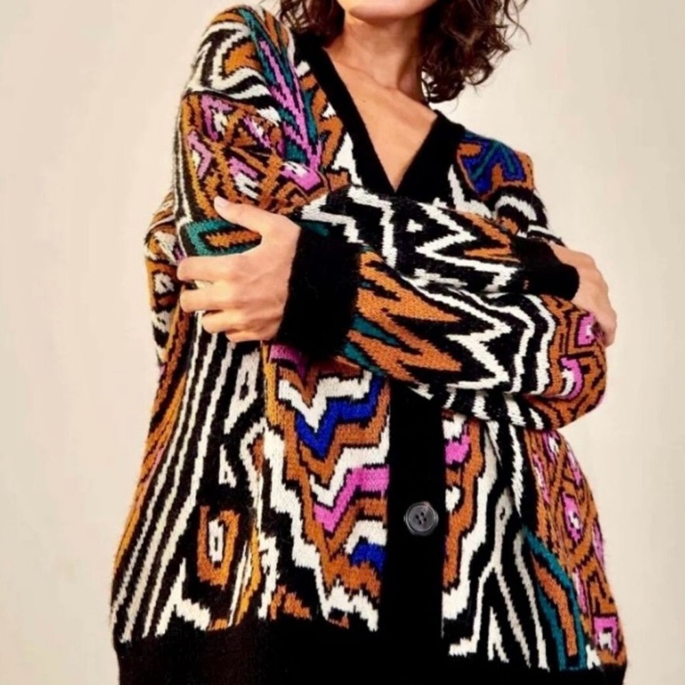 Farm Rio Caramel Tropical Stripes Oversized Cardigan